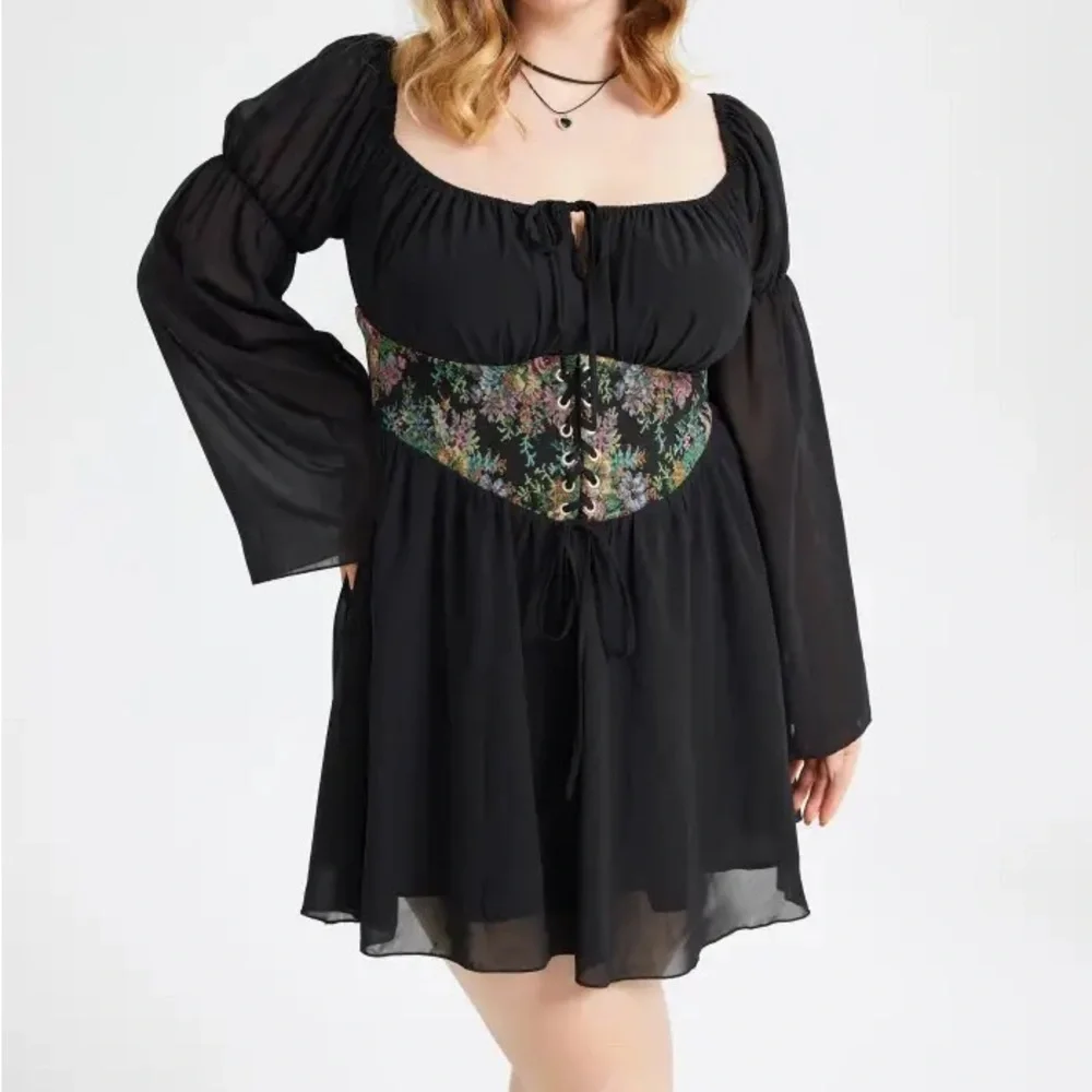 Cider Floral Corset Mini‎ Dress S Black Sheer Bell Sleeve Cottagecore